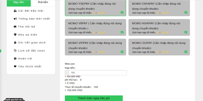 Chuyển vốn vào 99OK qua ví Momo