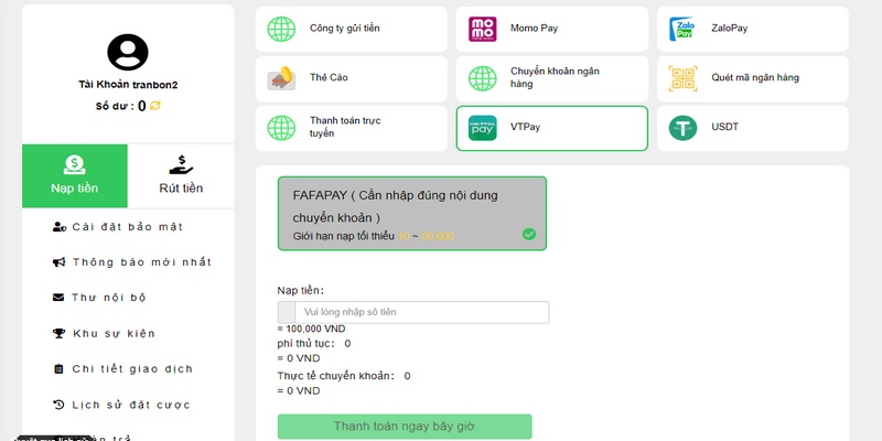 Chuyển tiền vào nhà cái qua VT Pay
